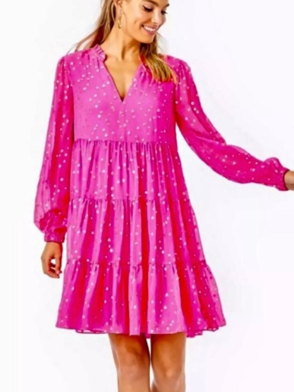lilly pulitzer bright pink w gold dots tiered long sleeve dress size 8
